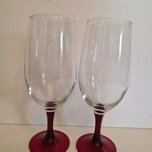 Set Of Luminarc 2 Red Stemmed Wine Glasses With Clear Bowls